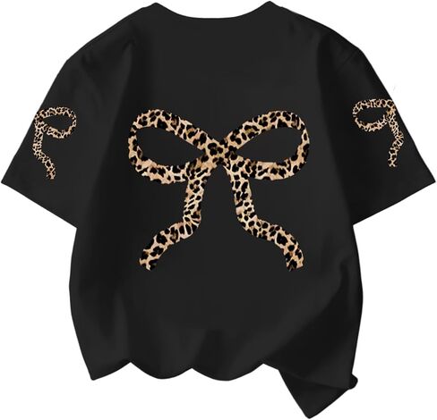 Girl's Bow Leopard Graphic Tees Short Sleeve Preppy Summer T Shirts Aesthetic Cute Tops Streetwear in Saudi Arabia
