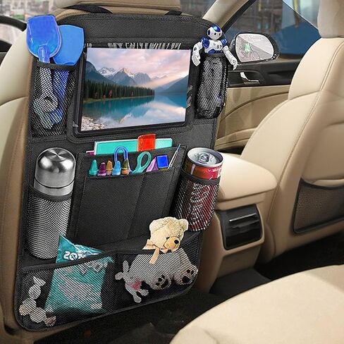 Backseat Car Organizer with Kick Mat Protector and Touch Screen Tablet Holder, Car Seat Storage for Kids, Road Trip Accessories with 9 Pockets, Protects Seats from Dirt and Damage BLACK in Saudi Arabia
