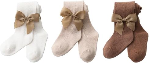 جوارب طويلة للفتيات الصغيرات مكونة من 3 قطع من السراويل الضيقة المصنوعة من الدانتيل الشبكي المتماسكة، جوارب طويلة من القطن بعقدة على شكل فيونكة للأطفال الصغار (3 عبوات من الأقواس، 12 مترًا) in Kuwait