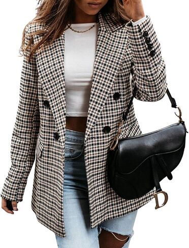 ebossy Women's Elegant Plaid Thoundstooth Blazer Double Breasted Slim Fit Check Jacket Coat in Saudi Arabia