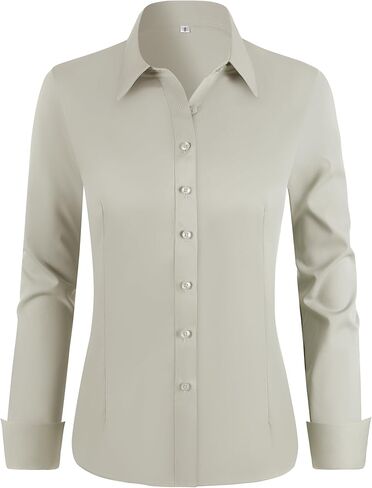 Women's Stretch Long Sleeve Button Down Dress Shirts Solid Business Casual Work Blouse (Classic, Cropped & Tall) in Saudi Arabia