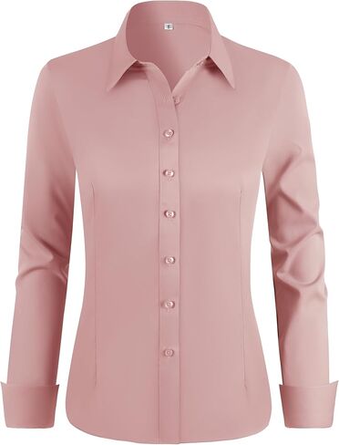Women's Stretch Long Sleeve Button Down Dress Shirts Solid Business Casual Work Blouse (Classic, Cropped & Tall) in Saudi Arabia