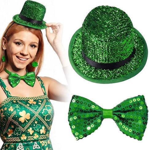 Zeyune 2 Pack St Patrick's Day Costume Set St Patricks Hat Green Sequin Bow Tie Mini Leprechaun Tinsel Top Hat Shamrock Accessories Irish Party Supply Glitter Saint Patricks Outfit for Women Men in Saudi Arabia