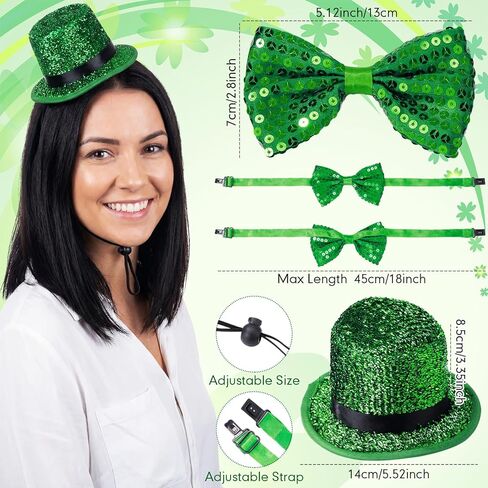 Zeyune 2 Pack St Patrick's Day Costume Set St Patricks Hat Green Sequin Bow Tie Mini Leprechaun Tinsel Top Hat Shamrock Accessories Irish Party Supply Glitter Saint Patricks Outfit for Women Men in Saudi Arabia