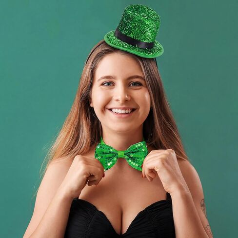 Zeyune 2 Pack St Patrick's Day Costume Set St Patricks Hat Green Sequin Bow Tie Mini Leprechaun Tinsel Top Hat Shamrock Accessories Irish Party Supply Glitter Saint Patricks Outfit for Women Men in Saudi Arabia