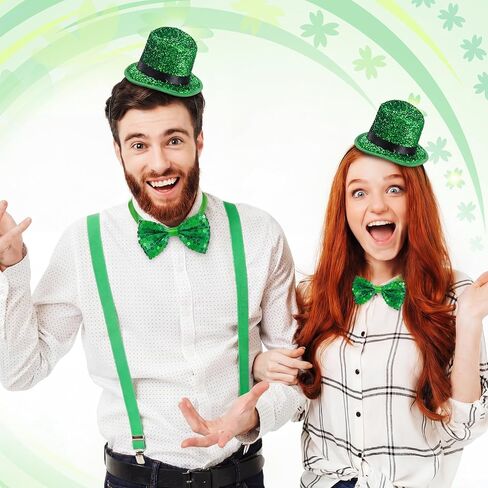 Zeyune 2 Pack St Patrick's Day Costume Set St Patricks Hat Green Sequin Bow Tie Mini Leprechaun Tinsel Top Hat Shamrock Accessories Irish Party Supply Glitter Saint Patricks Outfit for Women Men in Saudi Arabia