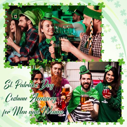 Zeyune 2 Pack St Patrick's Day Costume Set St Patricks Hat Green Sequin Bow Tie Mini Leprechaun Tinsel Top Hat Shamrock Accessories Irish Party Supply Glitter Saint Patricks Outfit for Women Men in Saudi Arabia