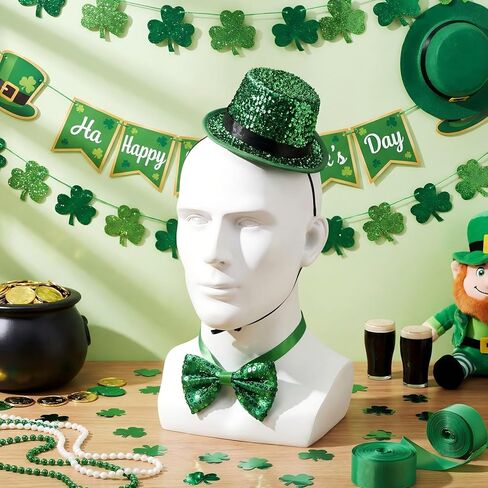 Zeyune 2 Pack St Patrick's Day Costume Set St Patricks Hat Green Sequin Bow Tie Mini Leprechaun Tinsel Top Hat Shamrock Accessories Irish Party Supply Glitter Saint Patricks Outfit for Women Men in Saudi Arabia