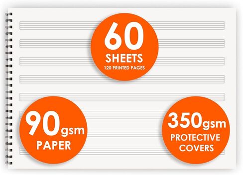 كتاب مخطوطة موسيقية مقاس A4 (8.3 × 11.7 بوصة)، 12 عصا في كل صفحة. 120 صفحة، ورق FSC بوزن 90 جرامًا للمتر المربع. غلاف ويرو (A4 (أفقي)) in Kuwait