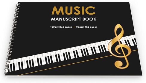 كتاب مخطوطة موسيقية مقاس A4 (8.3 × 11.7 بوصة)، 12 عصا في كل صفحة. 120 صفحة، ورق FSC بوزن 90 جرامًا للمتر المربع. غلاف ويرو (A4 (أفقي)) in Kuwait
