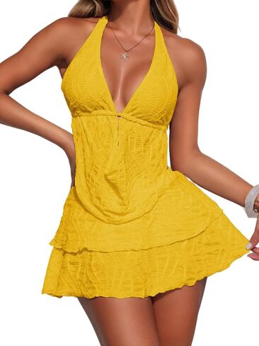 Sexy Women Plunge V 3 Piece Bikini Set,Textured Halter Cheeky Low Rise Swimsuit Cover Up Skirt,Going Out Beach Outfit in Saudi Arabia