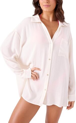 Roxy Women's Swimsuit Bikini Cover Up Button Down Shirt for Beach, Poolside, Resort Wear, Ivory, X-Large in Saudi Arabia