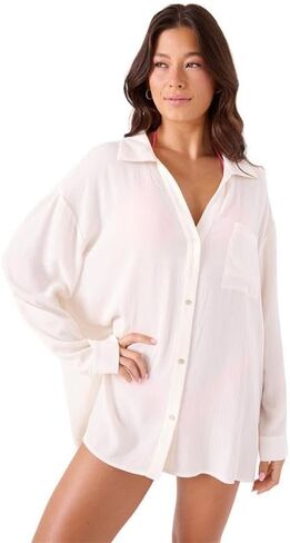 Roxy Women's Swimsuit Bikini Cover Up Button Down Shirt for Beach, Poolside, Resort Wear, Ivory, X-Large in Saudi Arabia