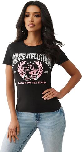 True Religion Crystal Buddha Short Sleeve Crew Tee for Women – Sparkling Women’s Graphic Tee with Iconic Stitching in Saudi Arabia