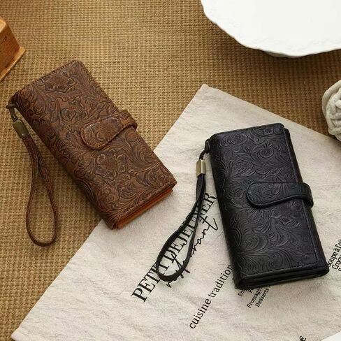 Women's Wallet RFID Blocking Vegan Leather Trifold with 3 ID Windows Embossed Floral Long Wristlet Clutch Purse in Saudi Arabia