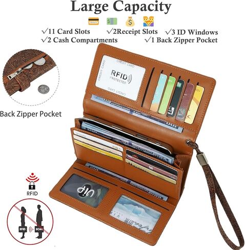 Women's Wallet RFID Blocking Vegan Leather Trifold with 3 ID Windows Embossed Floral Long Wristlet Clutch Purse in Saudi Arabia