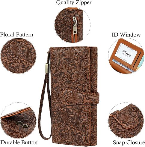 Women's Wallet RFID Blocking Vegan Leather Trifold with 3 ID Windows Embossed Floral Long Wristlet Clutch Purse in Saudi Arabia