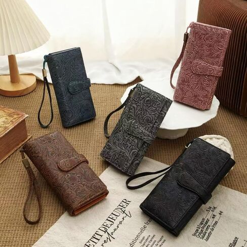 Women's Wallet RFID Blocking Vegan Leather Trifold with 3 ID Windows Embossed Floral Long Wristlet Clutch Purse in Saudi Arabia