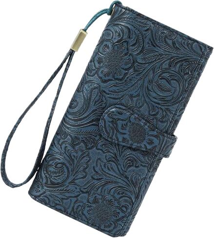 Women's Wallet RFID Blocking Vegan Leather Trifold with 3 ID Windows Embossed Floral Long Wristlet Clutch Purse in Saudi Arabia