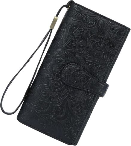 Women's Wallet RFID Blocking Vegan Leather Trifold with 3 ID Windows Embossed Floral Long Wristlet Clutch Purse in Saudi Arabia
