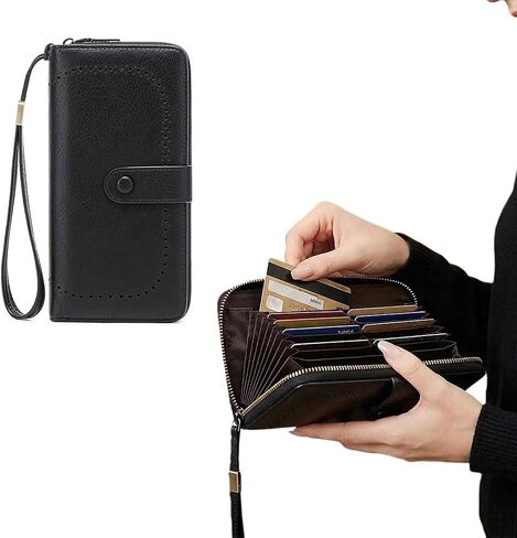 Women's Wallet RFID Blocking, Leather Credit Card Holder Billfold Large Capacity, Wristlet Wallets Travel Purse, Black in Saudi Arabia