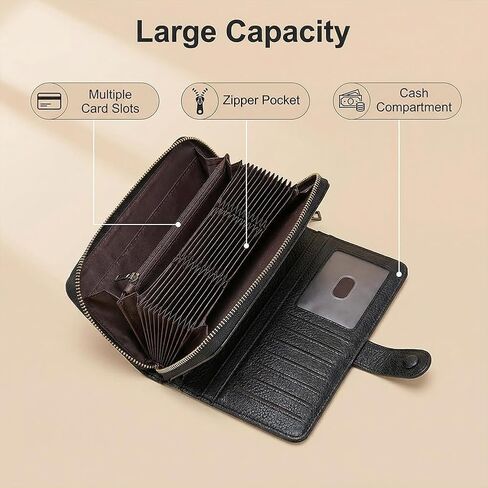 Women's Wallet RFID Blocking, Leather Credit Card Holder Billfold Large Capacity, Wristlet Wallets Travel Purse, Black in Saudi Arabia