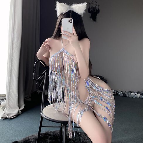 sexy lingerie dress for women outfit Costume anime cosplay cheongsam silver Sequin Fringe Outfits Roleplay underwear Perspective High Split Mini Skirt One-piece Bodysuit Dance Rave party in Saudi Arabia