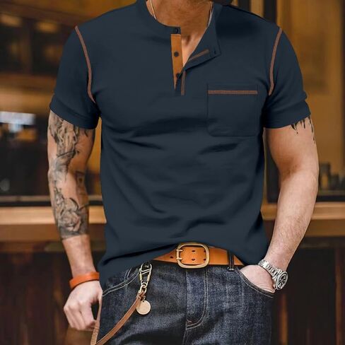 Men's Casual Short Sleeve Polo T-Shirt with Contrast Stitching and Chest Pocket, Stylish Button Design for Everyday Wear in Saudi Arabia