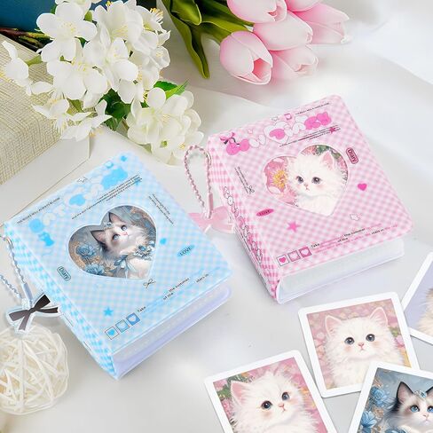 2 Pack Mini Photocard Binder, Photo Album 3 Inch Kpop Photocard Holder Book with Love Heart Hollow, Cute Picture Storage Booklet for Collecting (40 Pockets, Pink & Blue) in Kuwait