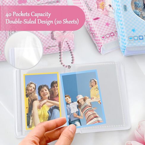 2 Pack Mini Photocard Binder, Photo Album 3 Inch Kpop Photocard Holder Book with Love Heart Hollow, Cute Picture Storage Booklet for Collecting (40 Pockets, Pink & Blue) in Kuwait