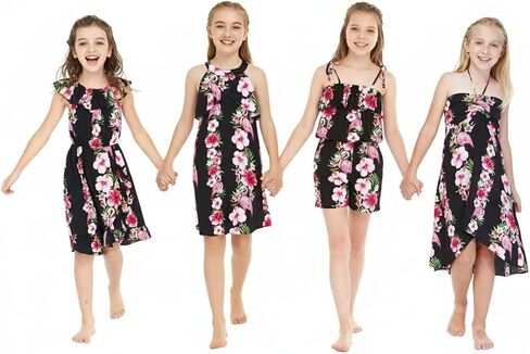 Hawaii Hangover Girls Group Performance Luau Party Hawaiian BFF Matching Dress Outfits in Hibiscus Vine Pink Black in Saudi Arabia