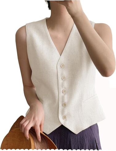 سترات نسائية من الكتان من Ceehuteey برقبة على شكل حرف V صدرية أنيقة وصدرية واحدة ملابس عمل in Kuwait