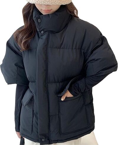 سترة نسائية منتفخة كبيرة الحجم بأكمام قصيرة وياقة واقفة وسحاب سترة مبطنة دافئة مع جيوب in Kuwait