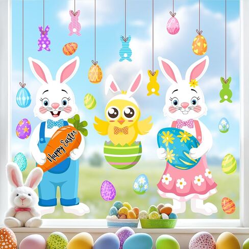 Large Easter Window Decoration Clings Double-Sided Bunny Decals Home Indoor Decor Removable Easter Egg Decal for Glass Door Rabbits Vinyl Static Cling for Living Room Farmhouse Spring Holiday Supplies in Saudi Arabia