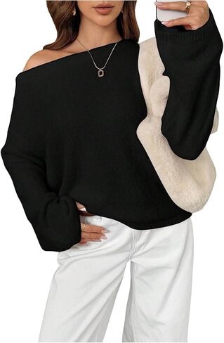 Verdusa Women's Cozy Off The Shoulder Sweater Fuzzy Knit Pullover Tops Fall Outfits in Saudi Arabia