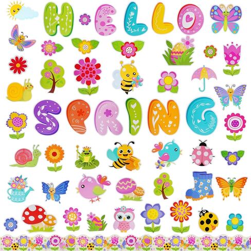 Sucrain 70 Pcs Hello Spring Bulletin Board Decorations Spring Floral Plants Paper Cut Outs Bulletin Board Set for School Classroom Game Party Supplies in Saudi Arabia