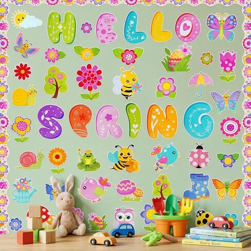 Sucrain 70 Pcs Hello Spring Bulletin Board Decorations Spring Floral Plants Paper Cut Outs Bulletin Board Set for School Classroom Game Party Supplies in Saudi Arabia