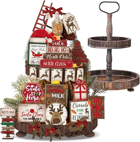 Nuogo 24 Pcs Winter Tiered Tray Decorations Set and 2 Tiered Tray Stand with Handle Winter Table Decoration Tabletop Snowman Decorations for Christmas Home Farmhouse Hot Cocoa in Saudi Arabia