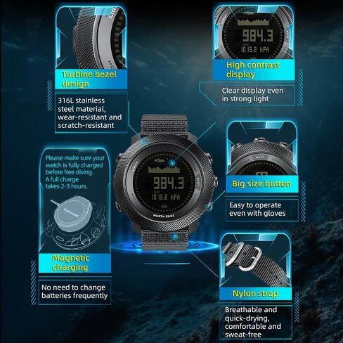 ساعة NORTH EDGE Apache D Dive للرجال 50 متر كمبيوتر غوص مجاني، بوصلة رقمية، مقياس الارتفاع، مقياس الضغط الجوي، عداد الخطوات، ساعة رياضية مقاومة للماء للمشي لمسافات طويلة والتسلق، شاشة كبيرة، بطارية قابلة لإعادة الشحن (شاشة عرض سوداء، أسود، سيليكون) in Kuwait