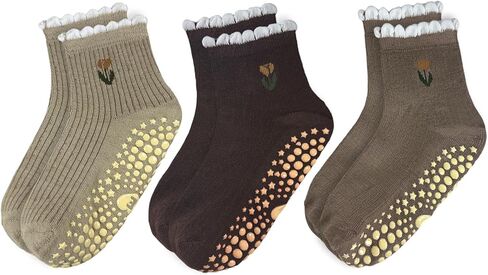 3 Pairs Pilates Grip Ankle Socks for Women – Cute Flower Embroidery Yoga Socks in Kuwait