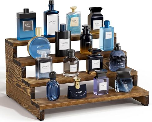 ZUJJAFY منظم كولونيا للرجال، حامل كولونيا خشبي من 4 طبقات رف عطر للرجال، حامل عرض خشبي متدرج للعطور، كب كيك، شخصيات، حلوى in Kuwait