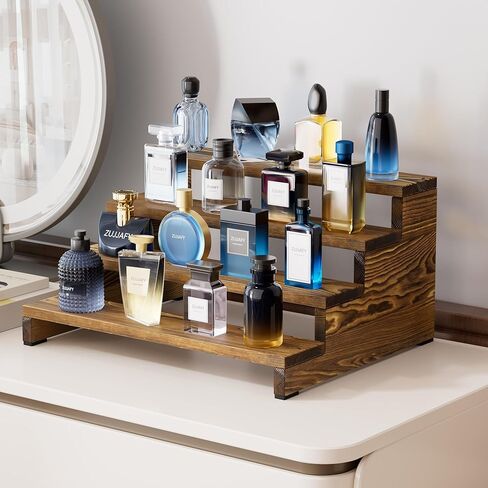 ZUJJAFY منظم كولونيا للرجال، حامل كولونيا خشبي من 4 طبقات رف عطر للرجال، حامل عرض خشبي متدرج للعطور، كب كيك، شخصيات، حلوى in Kuwait