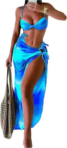 WDIRARA Women's 3 Piece Bikini Set Ombre Twist Ruched Swimsuit with Split Beach Skirt in Saudi Arabia