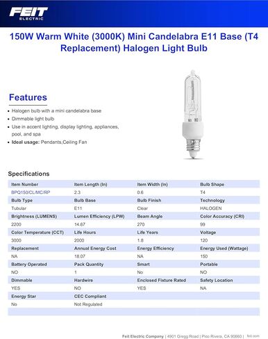 Feit Electric BPQ150/CL/MC/RP 150-Watt Mini Candelabra Base Clear Halogen in Saudi Arabia
