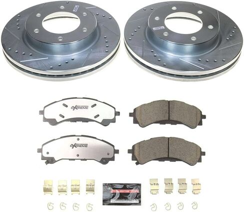 طقم فرامل امامية باور ستوب لسيارة فورد برونكو 2021-24 | Ford Ranger 2019-24 - وسادات فرامل سيراميك من ألياف الكربون للشاحنة والسحب + ترقية الدوارات المحفورة والمشقوقة، K8413-36 in Saudi Arabia