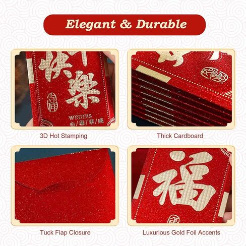 12 pcs Thick Chinese Red Envelopes for Lucky Money, Hong Bao Red Packet for Lunar New Year Spring Festival Wedding All Occasions in Saudi Arabia