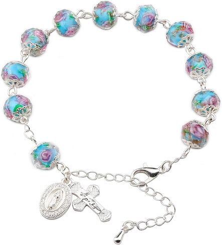 Murano Rose Beads Guadalupe Medal Crucifix Charm Catholic Rosary Bracelet for Women with Gift Box in Saudi Arabia