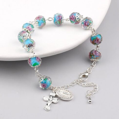 Murano Rose Beads Guadalupe Medal Crucifix Charm Catholic Rosary Bracelet for Women with Gift Box in Saudi Arabia
