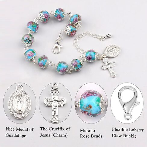 Murano Rose Beads Guadalupe Medal Crucifix Charm Catholic Rosary Bracelet for Women with Gift Box in Saudi Arabia