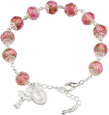 Murano Rose Beads Guadalupe Medal Crucifix Charm Catholic Rosary Bracelet for Women with Gift Box in Saudi Arabia